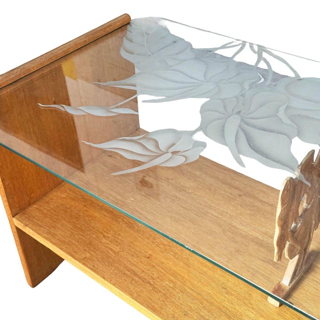 1940s Restored Hand Carved Hawaiian Koa Wood 2 Tiered Coffee Table W/ Glass Table For Sale - Image 5 of 9