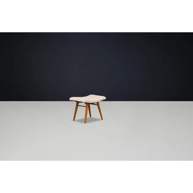 Mid-Century Modern Beechwood Stool & New Teddy Upholstery, Czechoslovakia, 1960s For Sale - Image 6 of 9