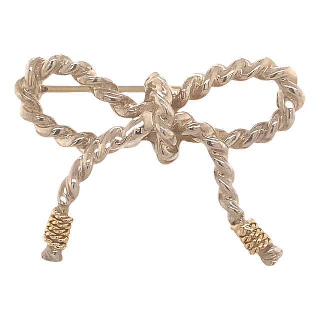 1990s Tiffany & Co Estate Twisted Rope Bow Brooch Pin Silver + 14k Gold 5.8 Grams For Sale