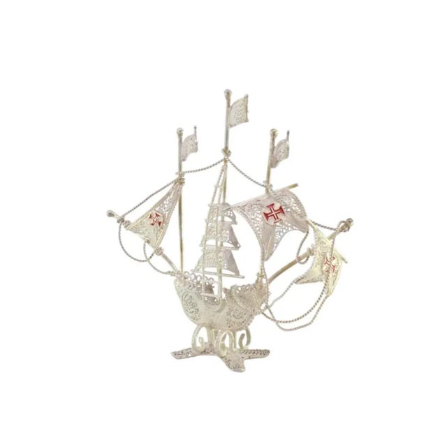 Silver Small Silver Filigree Caravel with Enamelled Crosses For Sale - Image 8 of 8