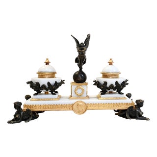 Empire French Marble Inkwell Bronze Sphinx For Sale
