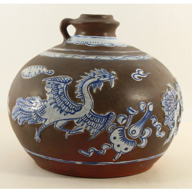 Chinese 18th Century Chinese Export Kendi Jug Vessel Brown Purple Clay & Blue & White Feng Huang For Sale - Image 3 of 12