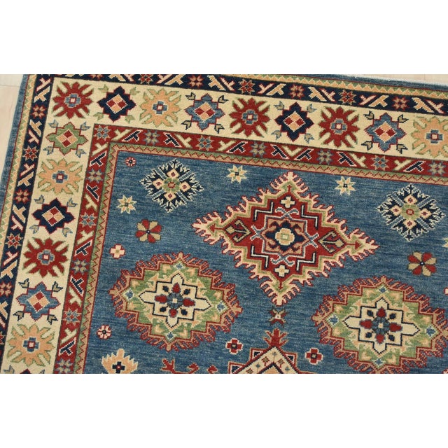 Kazak Rug 5′ X 6’8” Blue Wool Tribal Hand-Knotted Oriental Carpet For Sale In Philadelphia - Image 6 of 12