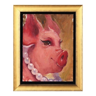 Pam - Original Pig Portrait Oil Painting With Pearls in Gold Frame by Kyle Paliotto For Sale