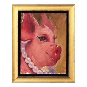 Pam - Original Pig Portrait Oil Painting With Pearls in Gold Frame by Kyle Paliotto