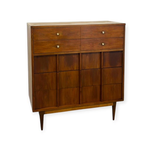 Vintage Mid-Century Modern Highboy Dresser Dovetailed Drawers Brass Finished Pulls. For Sale - Image 4 of 12