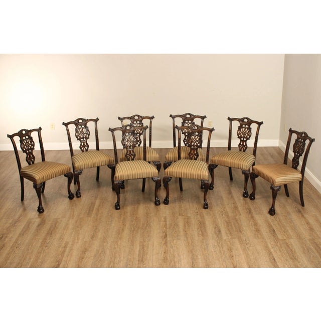 High Quality Semi Antique Set of Eight Solid Wood Carved Dining Chairs with Ball and Claw Feet, Each with Custom...