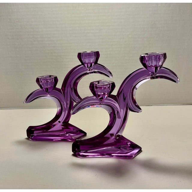 Set of 2 Vintage Crystal Glass Purple Alexandrite Candlestick Holders Aprox. dimensions: 7” Tall Good original condition!