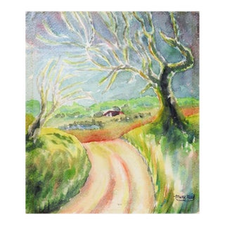 Vintage Small Farmhouse Landscape Watercolor Painting For Sale