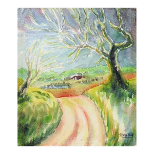 Vintage Small Farmhouse Landscape Watercolor Painting