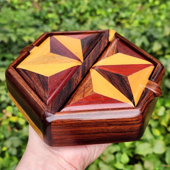 Vintage Japanese Muku Yosegi Wood Parquetry Hexagonal Jewelry Box – Gullwing Lid ​ Japanese solid wood parquetry (known as...