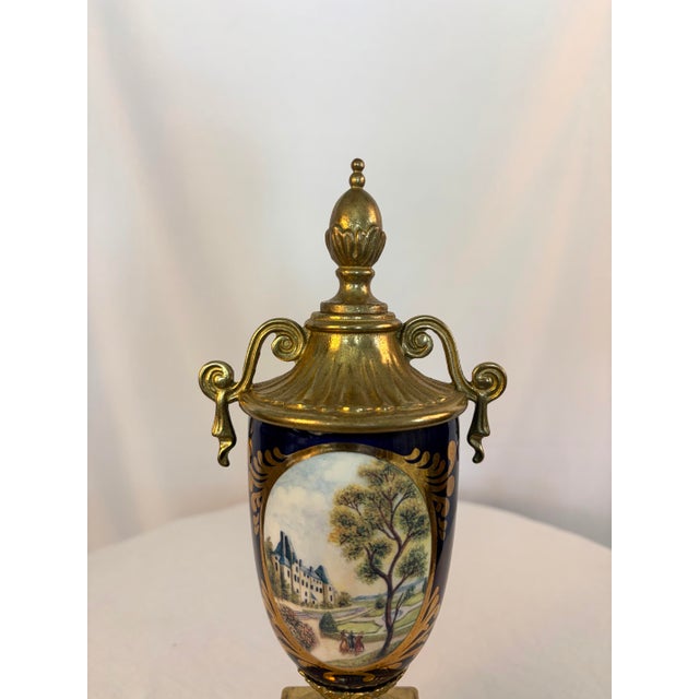 Vintage Italian Sèvres Style Hand-Painted Porcelain Urn With Ormolu Mounts For Sale - Image 4 of 12