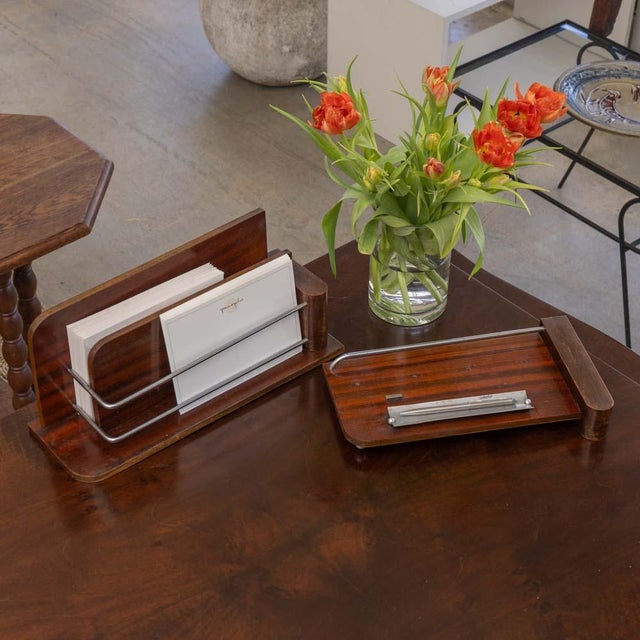 Timeless desk accessory set from France, 1940s. Elegant wood letter stand with silver detail. Wood tray with silver pen...