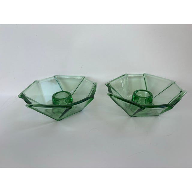 Pair of Art Deco Uranium Glass Geometric Candlesticks, Octagonal Form For Sale In Orlando - Image 6 of 8
