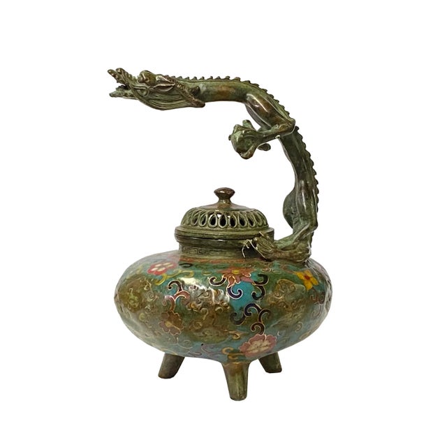2010s Metal Turquoise Blue Enamel Cloisonné Dragon Handle Incense Burner For Sale - Image 5 of 5