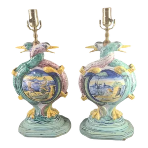 Pair Vintage Mid 20th Century Italian Faience Figural Swans Mythological Scene Hand Painted Table Lamps