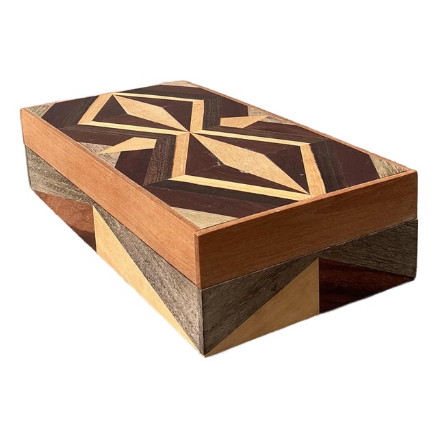 Vintage Marquetry Wood Diamond Box For Sale