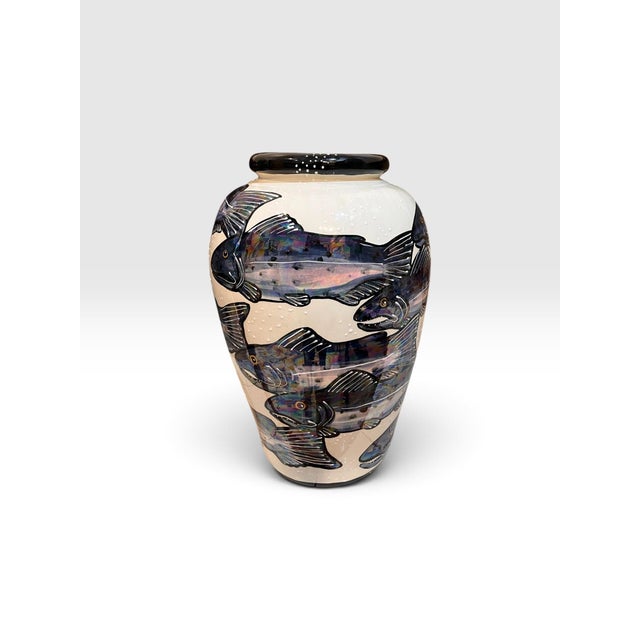 Beth Allison Gripenstraw “Salmon” Hand-Painted Ceramic Urn Vase, Santa Cruz, 1997 For Sale - Image 4 of 11