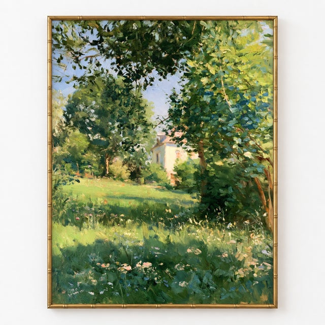 This French Country Impressionist landscape art print features a cream cottage surrounded by leafy trees and a sunlit...