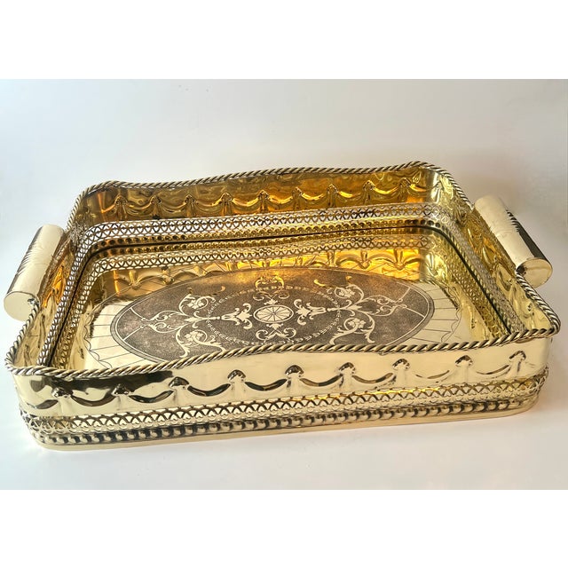 Brass Tray Pierced Decorative Gallery and Large Cylindrical Handl For Sale - Image 10 of 11