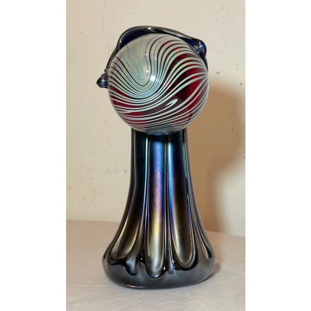 1980s Rare Hand Blown Aurene Iridescent Rainbow Glass Vase Holding Sphere Sculpture For Sale - Image 9 of 16