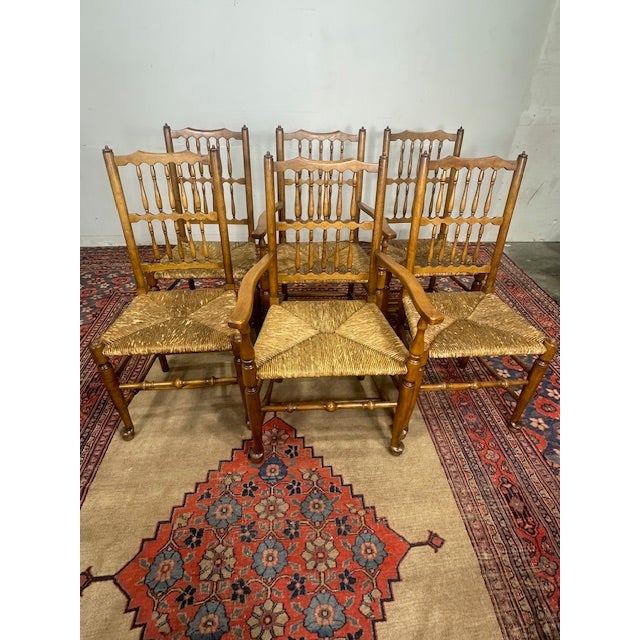 Add charm and heirloom-quality durability to your dining space with this set of six solid wood in the style of Stickley...