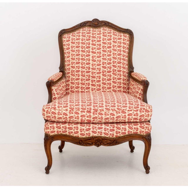 Pair of Louis XV Style Red and White Fabric Upholstered Walnut Bergeres For Sale In New York - Image 6 of 13