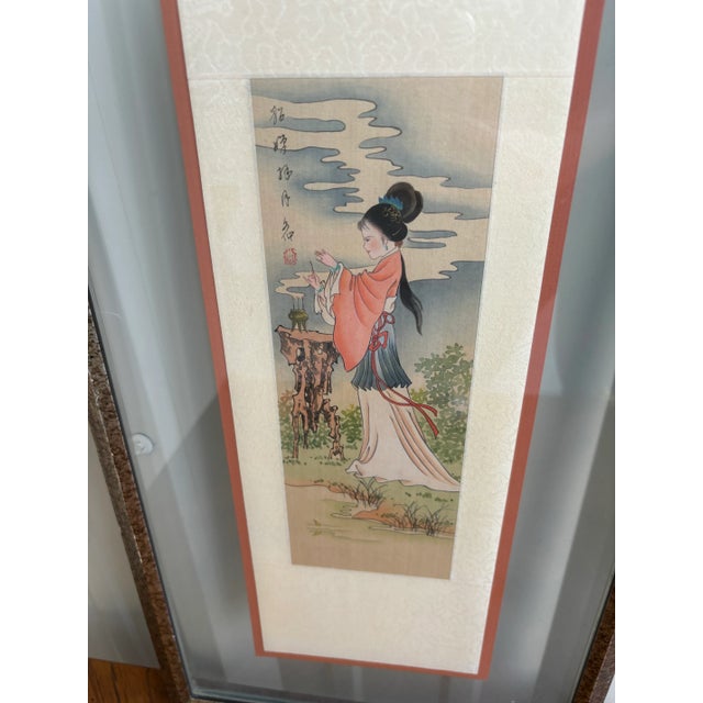 Chinoiserie Vintage Chinese Watercolor Framed Art Geisha Girl Burning Incense For Sale - Image 3 of 6