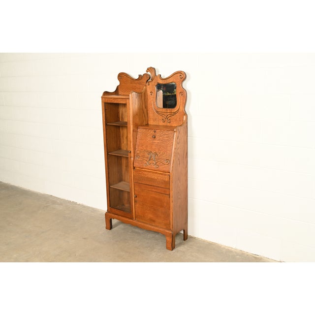 Victorian Antique Victorian Carved Oak Side-by-Side Bookcase With Drop Front Secretary Desk, Circa 1900 For Sale - Image 3 of 12
