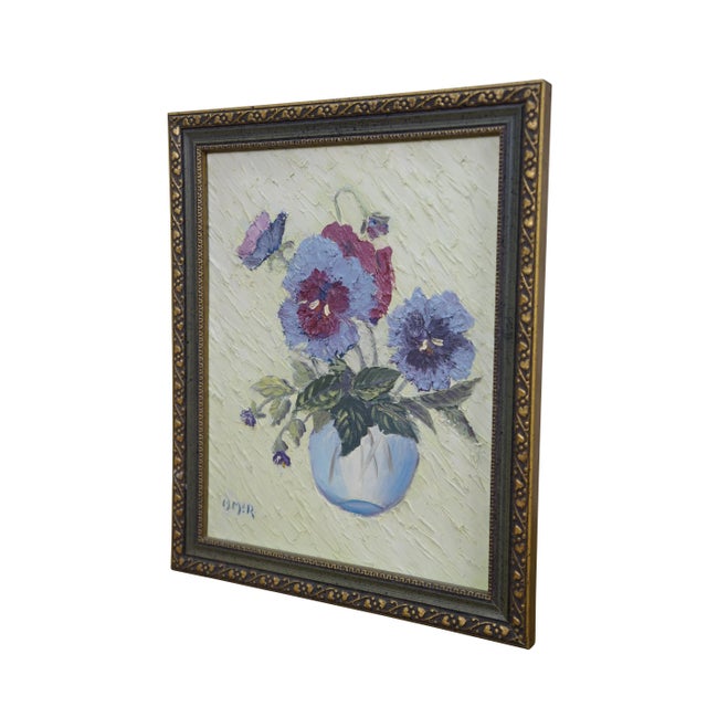 Realism Late 20th Century Helen McRae Still Life Vase of Pansies Floral Oil Painting on Board 12" For Sale - Image 3 of 9