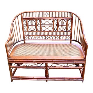 Early 20th Century English Chinoiserie Brighton Pavillion Burnt Bamboo Settee or Bench With Cane Seat For Sale