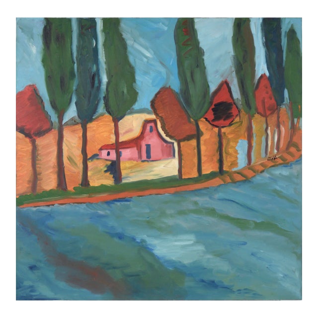 Belgian Barn by the River - Expressionist Landscape Original Oil on Canvas by Gloria Takla For Sale