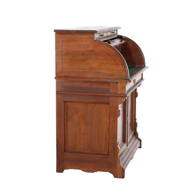 Wood Antique Renaissance Revival Walnut & Burl Barrel Roll Top Desk C1890 For Sale - Image 7 of 11