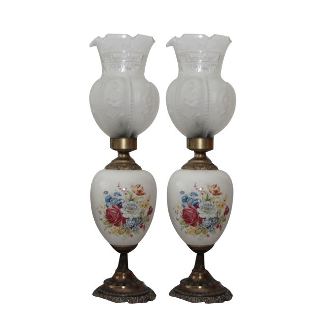 Opaline Frosted Glass Lampshade with Floral Decor Lamps, 1950s, Set of 2 For Sale