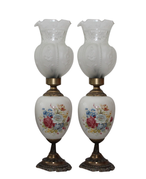 Opaline Frosted Glass Lampshade with Floral Decor Lamps, 1950s, Set of 2