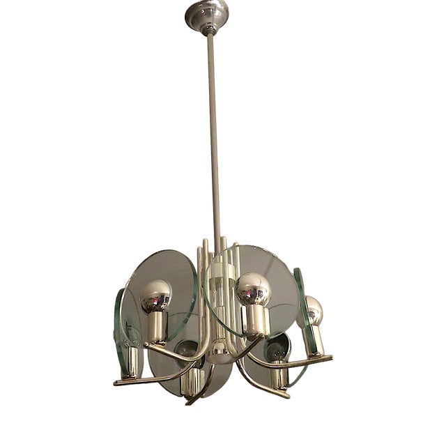 Silver-Plated Chandelier with Six Cut Glass Discs, Italy, 1960s For Sale