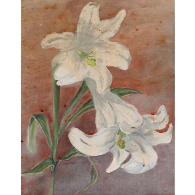 An original Mid Century era floral still life with white lilies on artist board. It is a lovely serene rendering of...