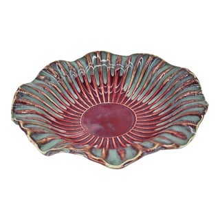 Decorative Scalloped Pottery Bowl Burgundy and Teal Signed and Numbered For Sale