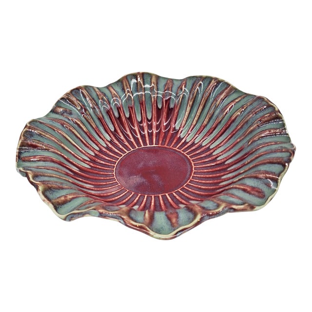 Decorative Scalloped Pottery Bowl Burgundy and Teal Signed and Numbered For Sale