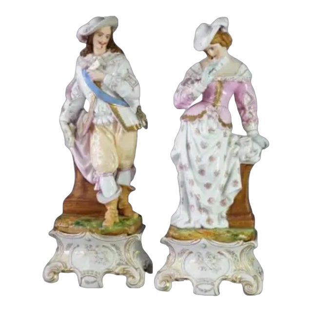 Antique Pair of French Porcelain Figural Statues & Plinths by G. R. Brevet, Circa 1880 For Sale