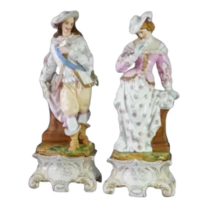 Antique Pair of French Porcelain Figural Statues & Plinths by G. R. Brevet, Circa 1880