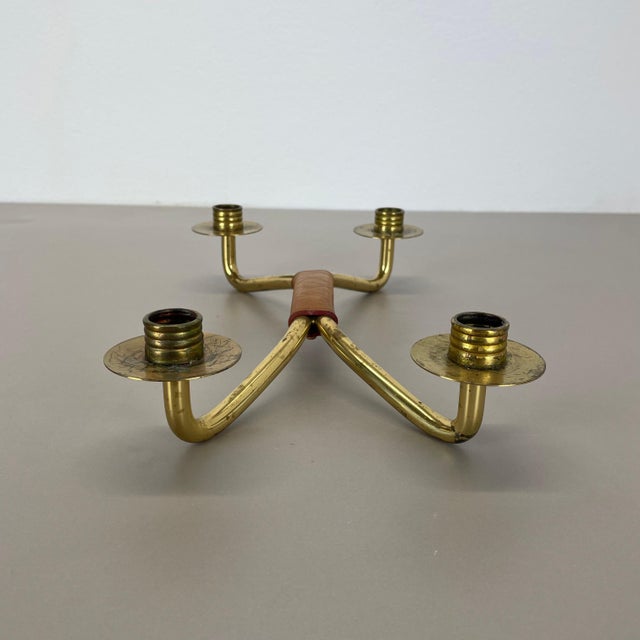 1950s Modern Auböck Style Brutalist Brass and Leather Candleholder, 1950s For Sale - Image 5 of 18
