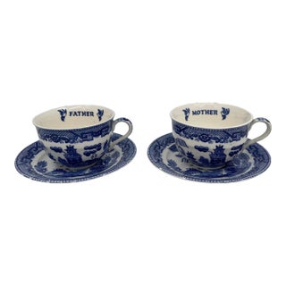 Vintage "Mother" and "Father" Blue Willow Teacups and Saucers Set- 4 Pieces For Sale