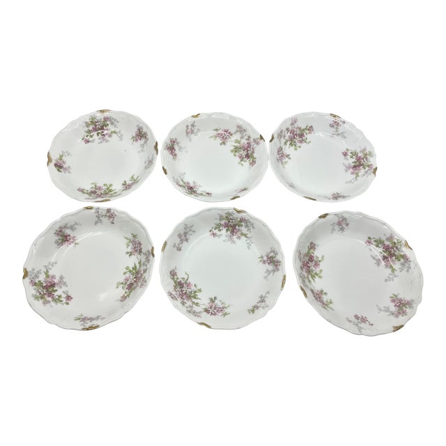 Antique Set of French Pink Floral Limoges- a Set of 6 Bowls For Sale