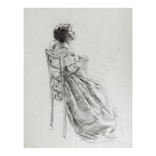 Late 19th Century Seated Woman Portrait Drawing For Sale