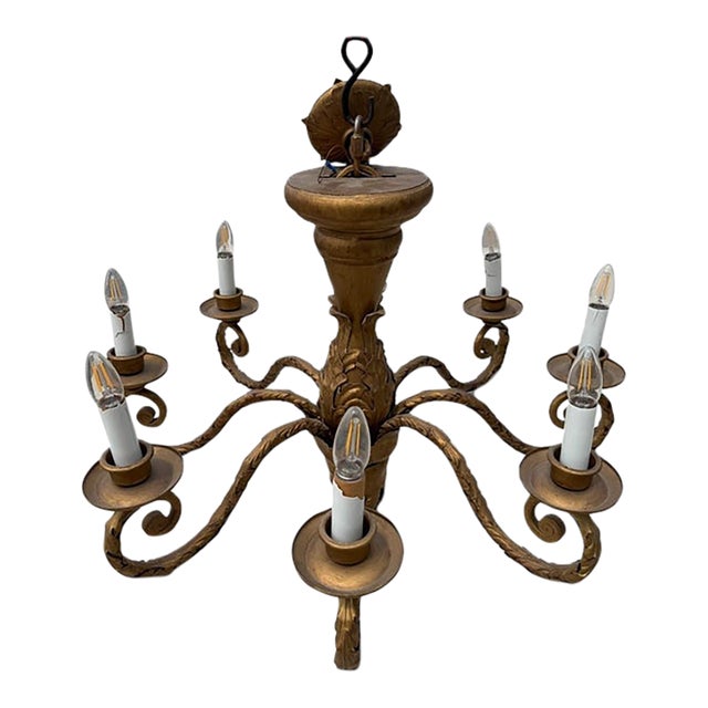Vintage Neoclassical Gold 8-Arm Acanthus Leaf Chandelier For Sale