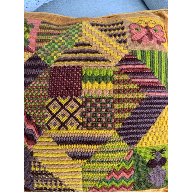 Vintage Handmade Bargello Needlepoint Embroidered Decor Pillow 14” X 14” Wool Yarn Back to Velvet Mustard Green Bronze For Sale - Image 10 of 12