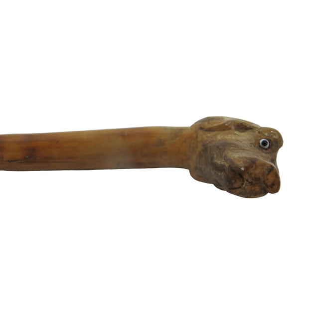 Wood Antique Dog Head With Beady Eyes Hand Carved Folk Art Walking Stick Cane For Sale - Image 7 of 9