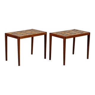 1960s Pair of Danish Modern Side Tables in Rosewood + Tile For Sale