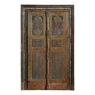 Antique Indian Chakra Carved Ochre Patina Exterior Teak Doors For Sale
